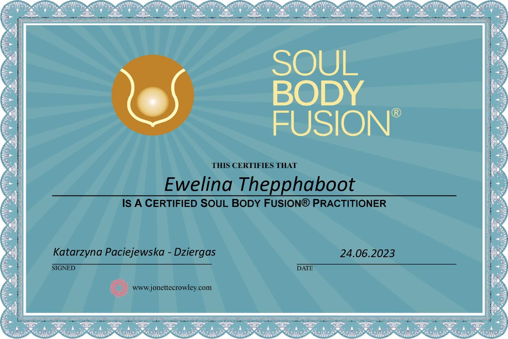 certyfikat ukończenia Soul Body Fusion przez Ewelina Thepphaboot